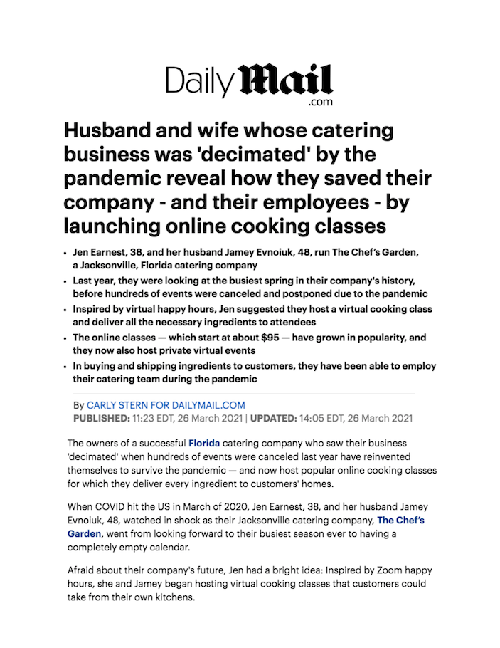 Husband and wife whose catering business was 'decimated' by the pandemic reveal how they saved their company - and their employees - by launching online cooking classes
Featured Brands include:Jen and Jamey's Virtual Cooking Classes

Read More