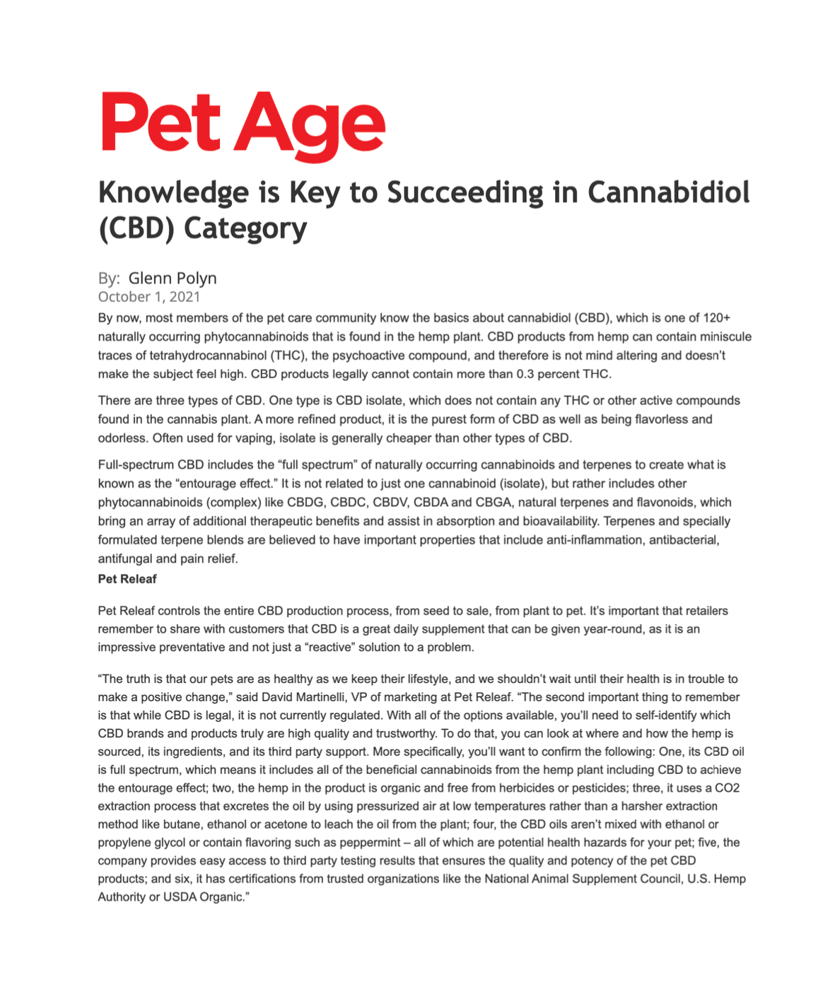 Knowledge is Key to Succeeding in Cannabidiol (CBD) Category
Featured Brands include:Pet Releaf

Read More