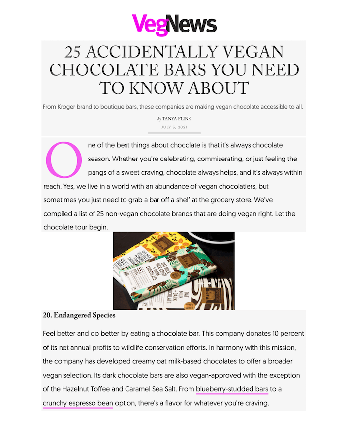 25 Accidentally Vegan Chocolate Bars You Need to Know About
Featured Brands include:Endangered Species Chocolate

Read More